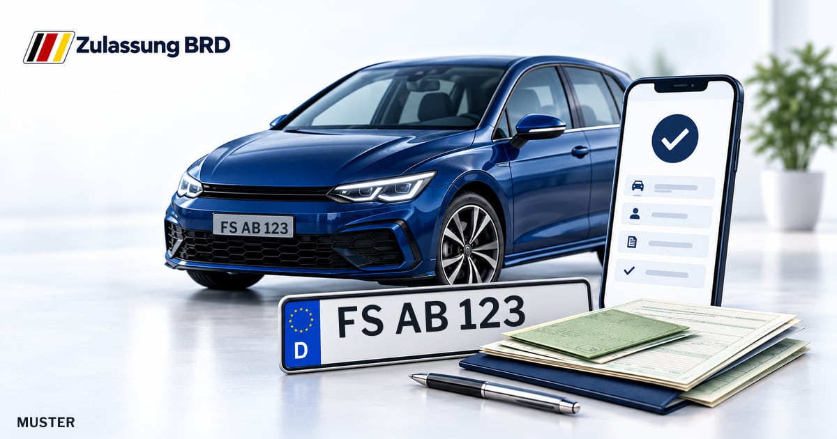 Online Fahrzeugzulassung in Moosburg a.d.Isar: Musterkennzeichen FS AB 123, Auto und Fahrzeugpapiere und Smartphone. Illustration mit Logo von Zulassung BRD.
